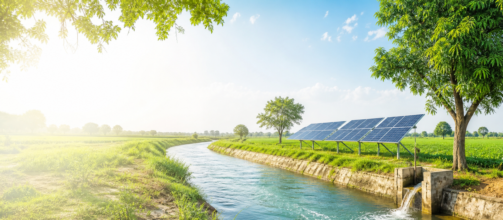 Bright rural canal landscape with trees, fields and solar panels