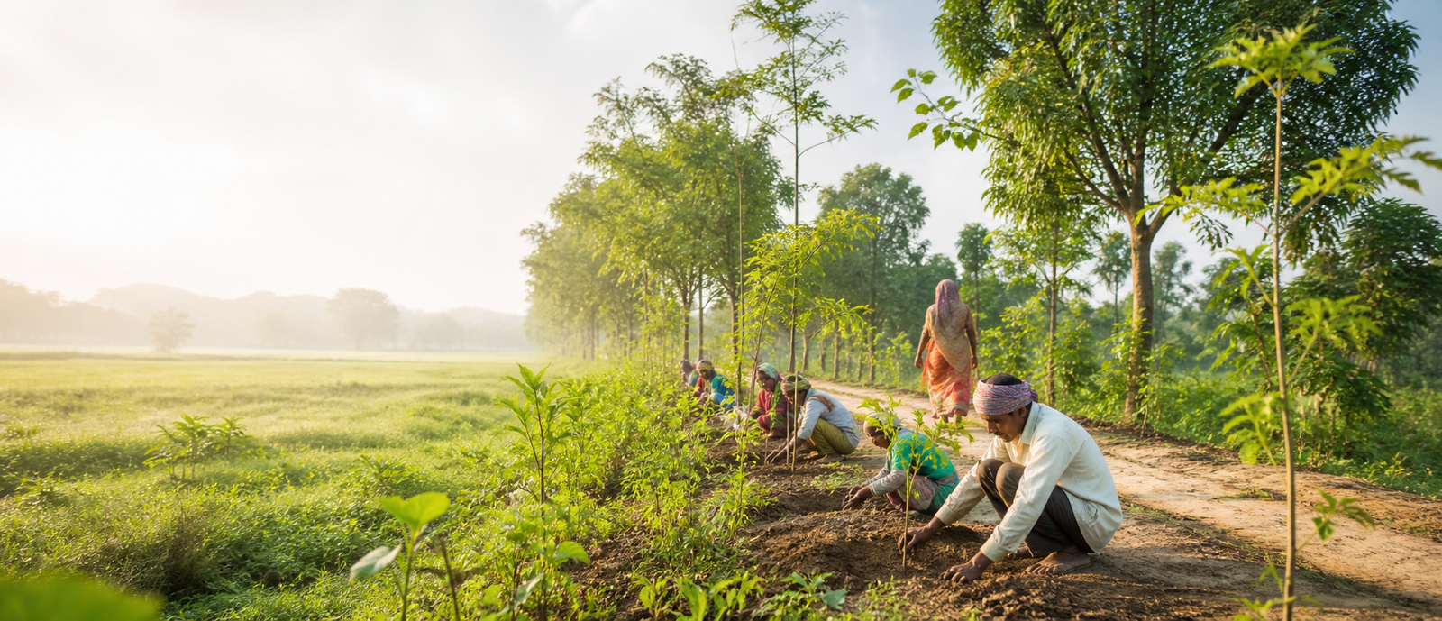 Community plantation activity along a green rural field path