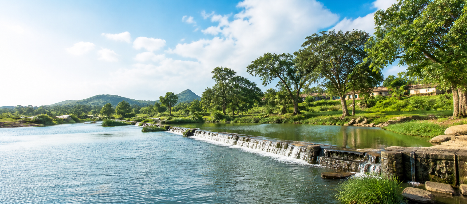 Rural watershed and check dam surrounded by green trees