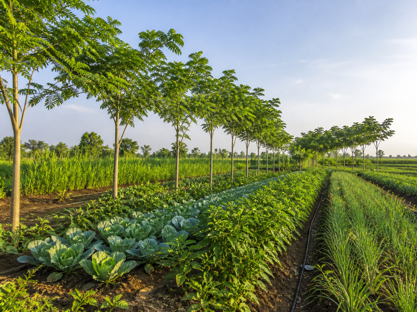 Agroforestry farm with trees and crop rows