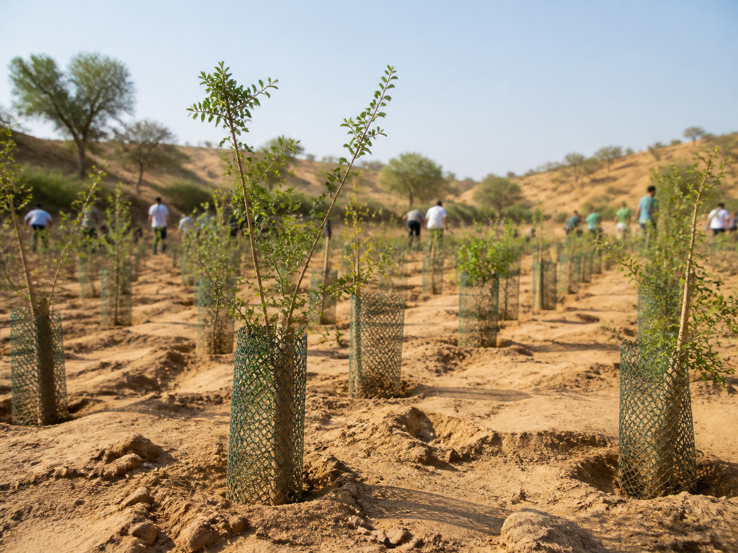 Plantation activity and green saplings in dry land