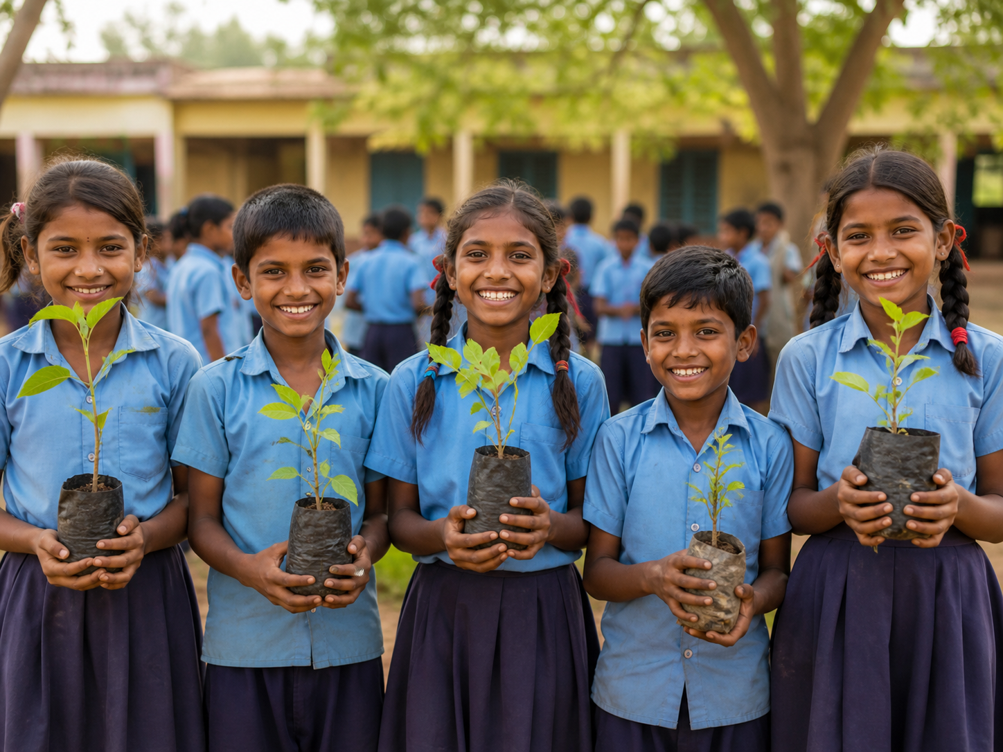 Children holding saplings in a community setting