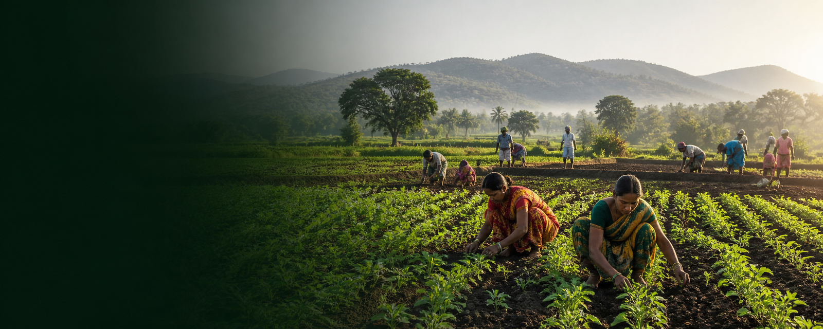 Community members working together in green agricultural fields